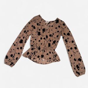 Sienna Sky Taupe/Dusty Rose Blouse with Black Floral Design Size XS Boho Festiva